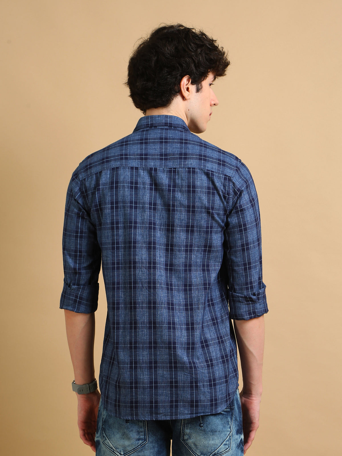 Men Blue Regular Fit Checks Full Sleeve Casual Shirt