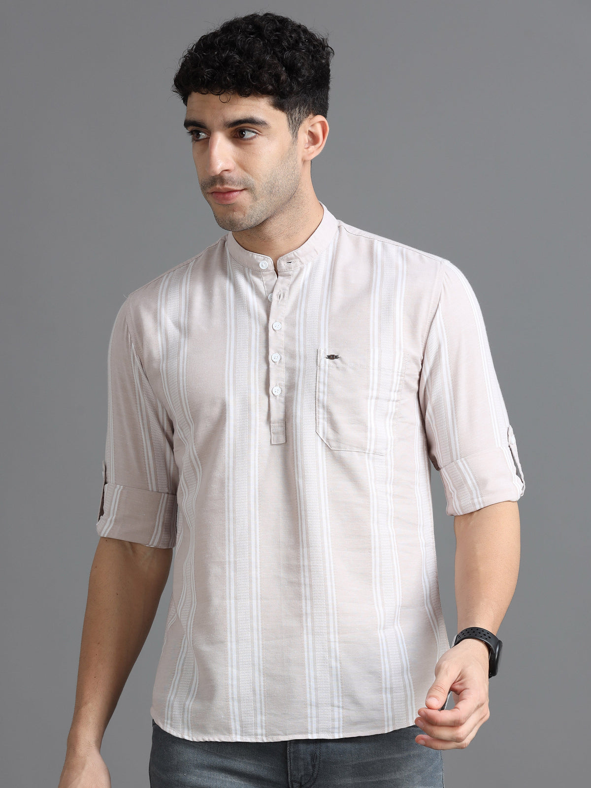 Men Peach Slim Fit Stripes Full Sleeve Casual Kurta Shirt