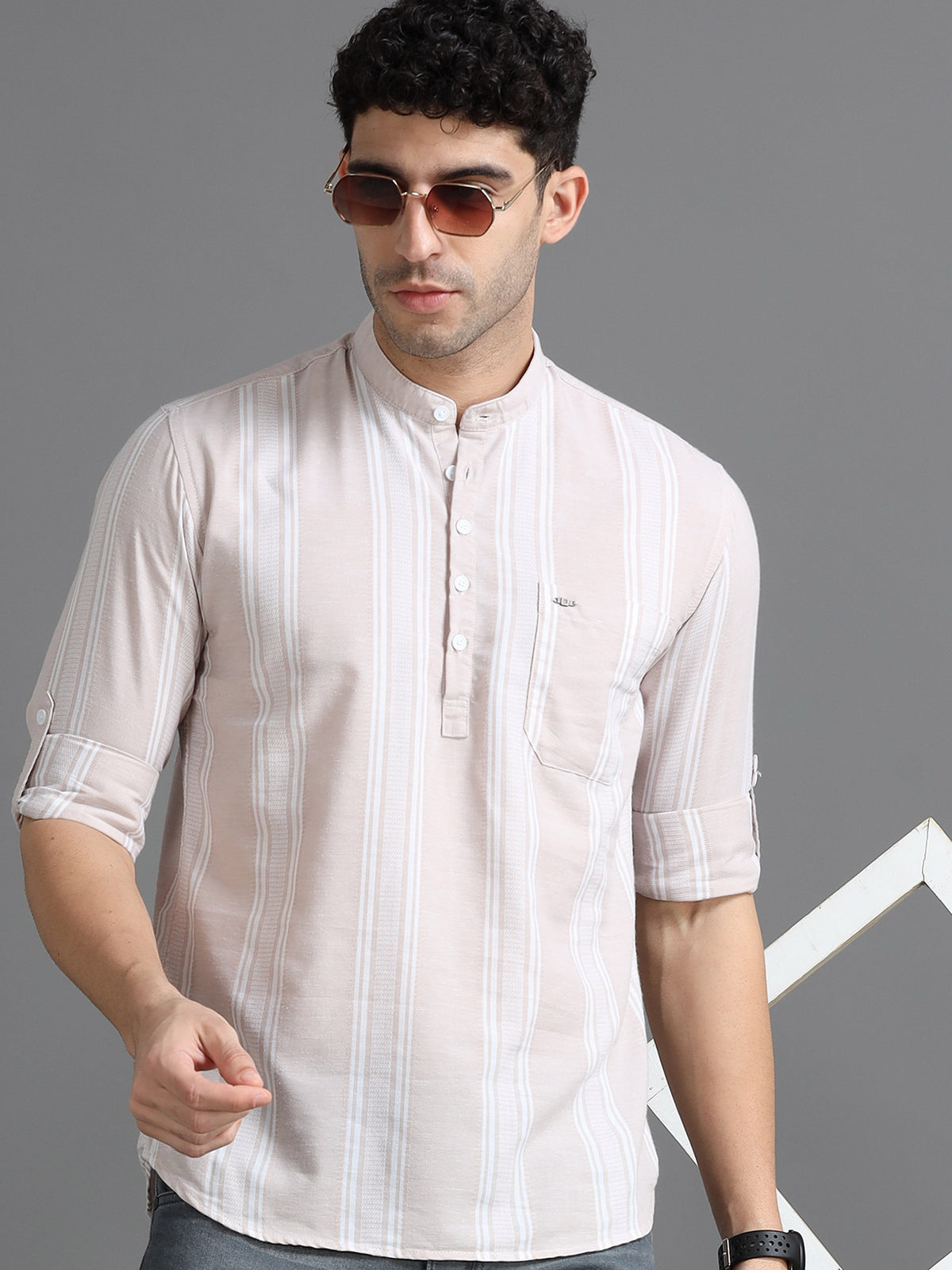 Men Peach Slim Fit Stripes Full Sleeve Casual Kurta Shirt