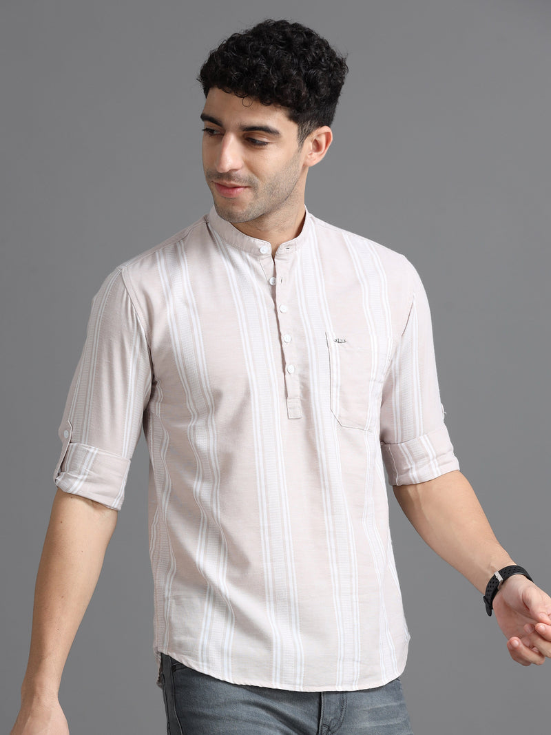 Men Peach Slim Fit Stripes Full Sleeve Casual Kurta Shirt