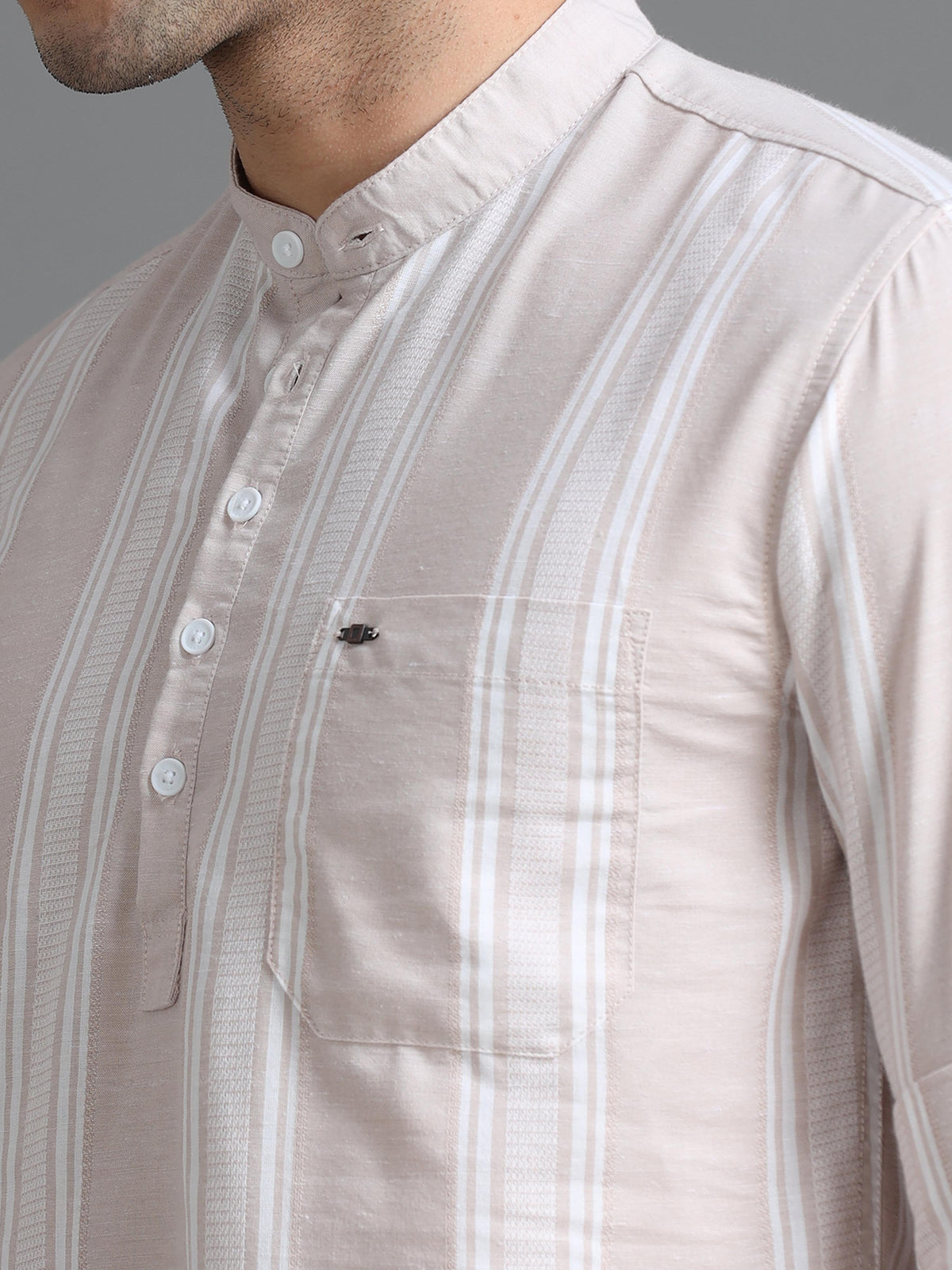 Men Peach Slim Fit Stripes Full Sleeve Casual Kurta Shirt