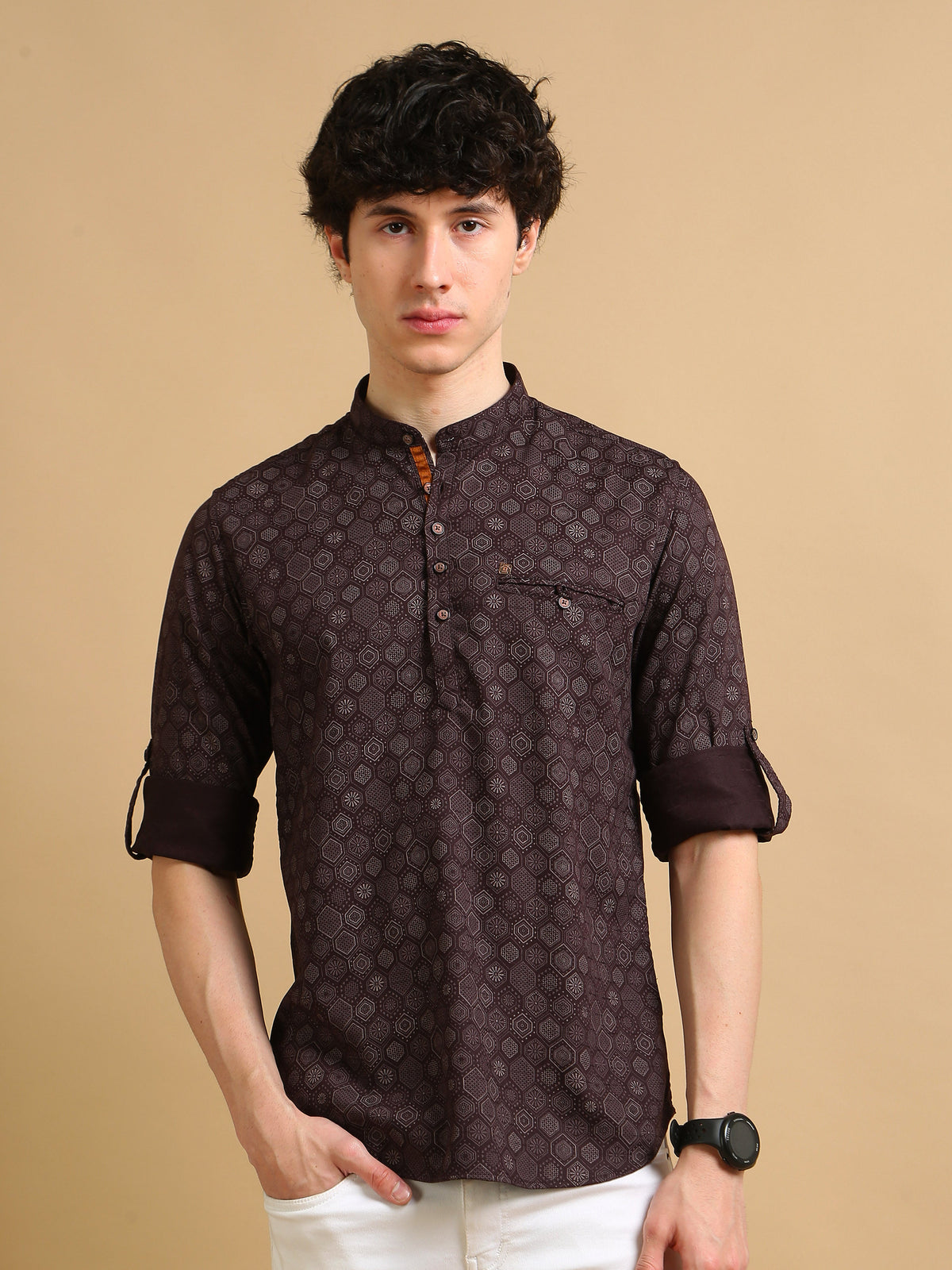 Men Maroon Slim Fit Printed Full Sleeve Casual Kurta Shirt