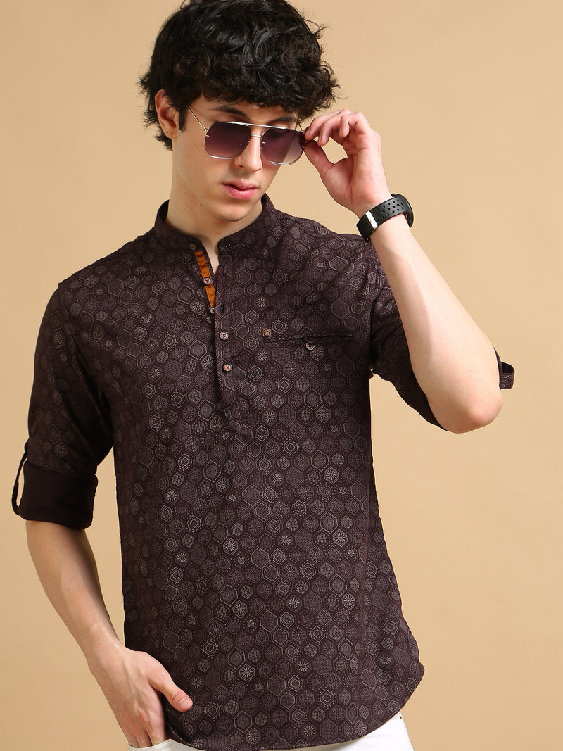 Men Maroon Slim Fit Printed Full Sleeve Casual Kurta Shirt