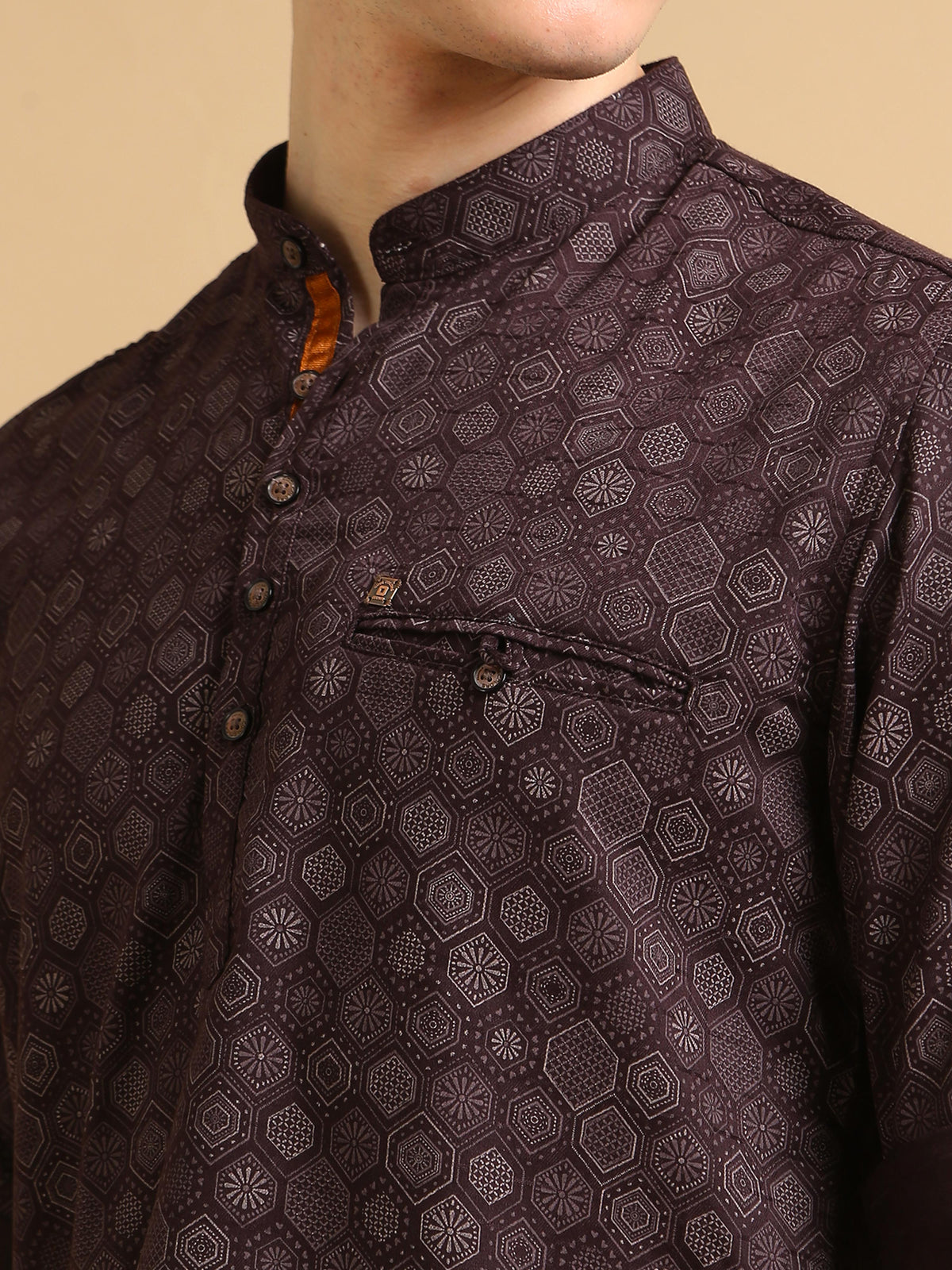 Men Maroon Slim Fit Printed Full Sleeve Casual Kurta Shirt