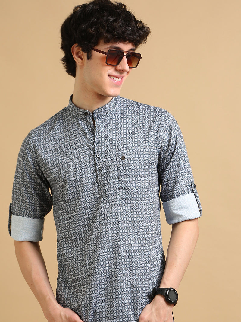 Men Grey Slim Fit Printed Full Sleeve Casual Kurta Shirt