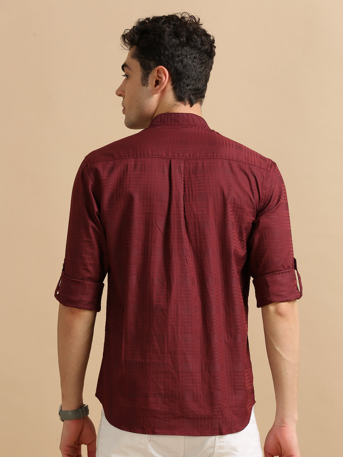 Men Maroon Slim Fit Checks Full Sleeve Casual Kurta  Shirt