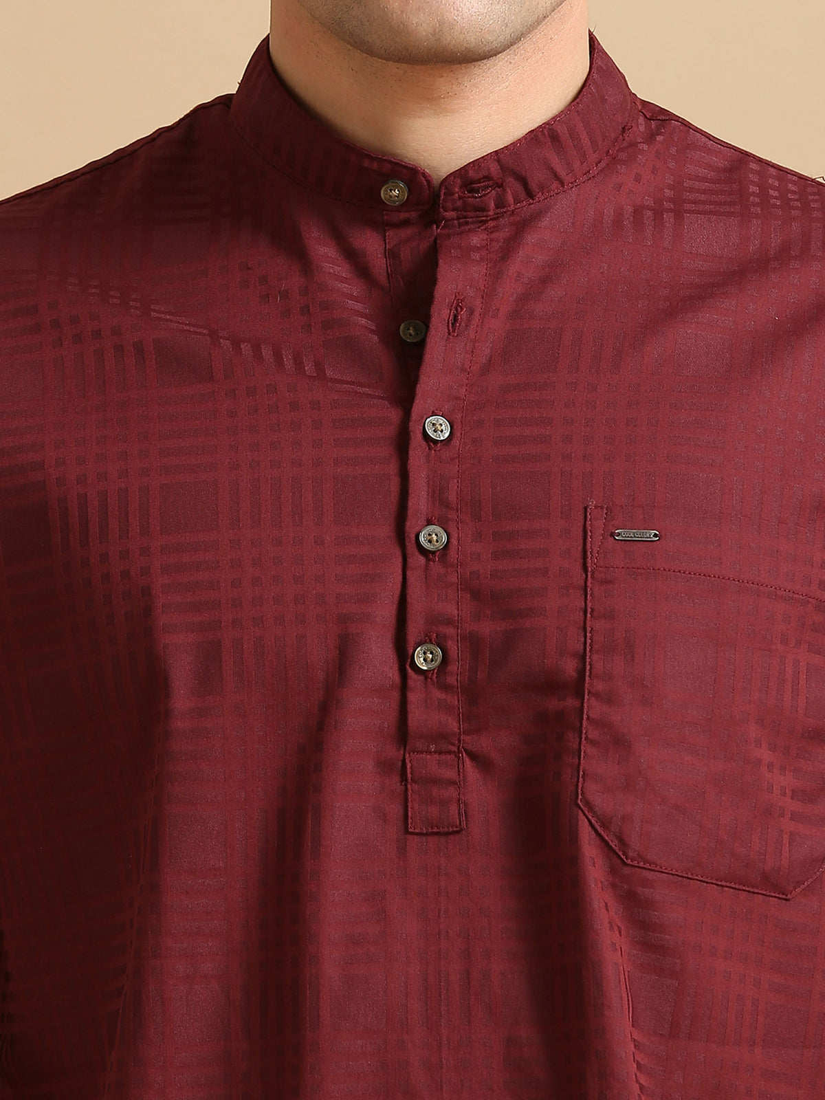 Men Maroon Slim Fit Checks Full Sleeve Casual Kurta  Shirt