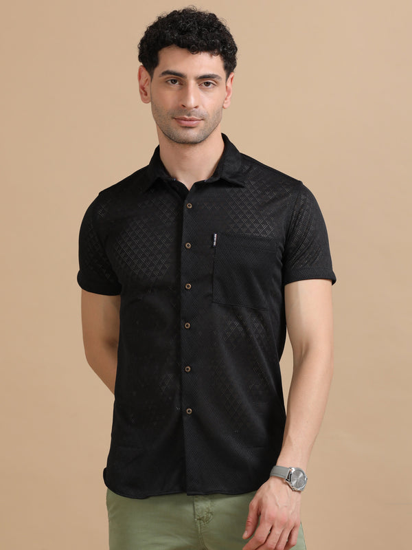 Men Black Half Sleeve knitted Dobby Casual Shirt