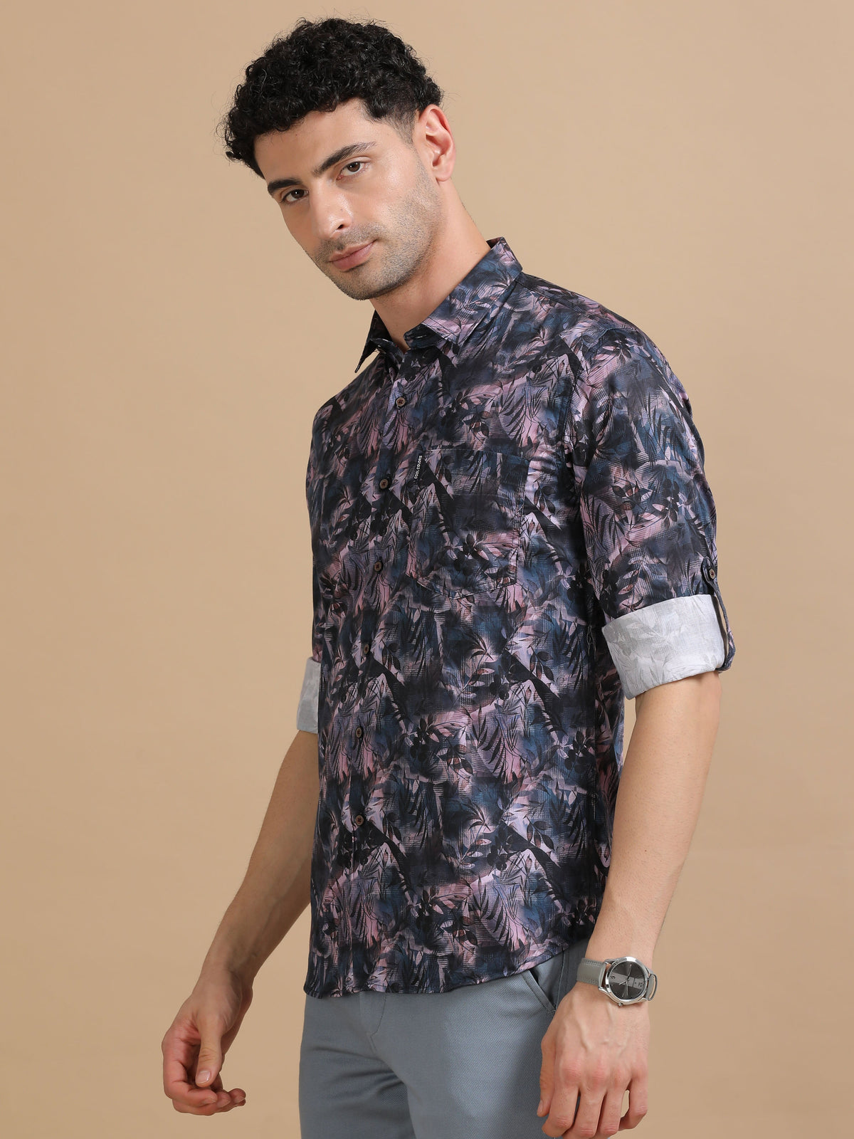 Men Purple Full Sleeve Cotton Printed Casual Shirt