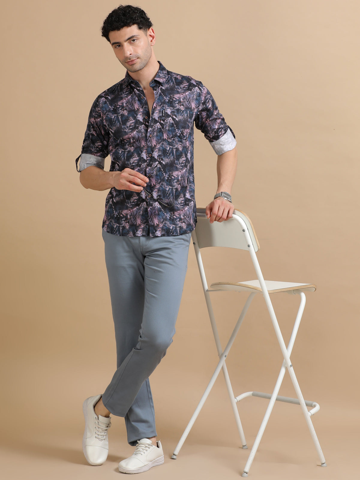 Men Purple Full Sleeve Cotton Printed Casual Shirt