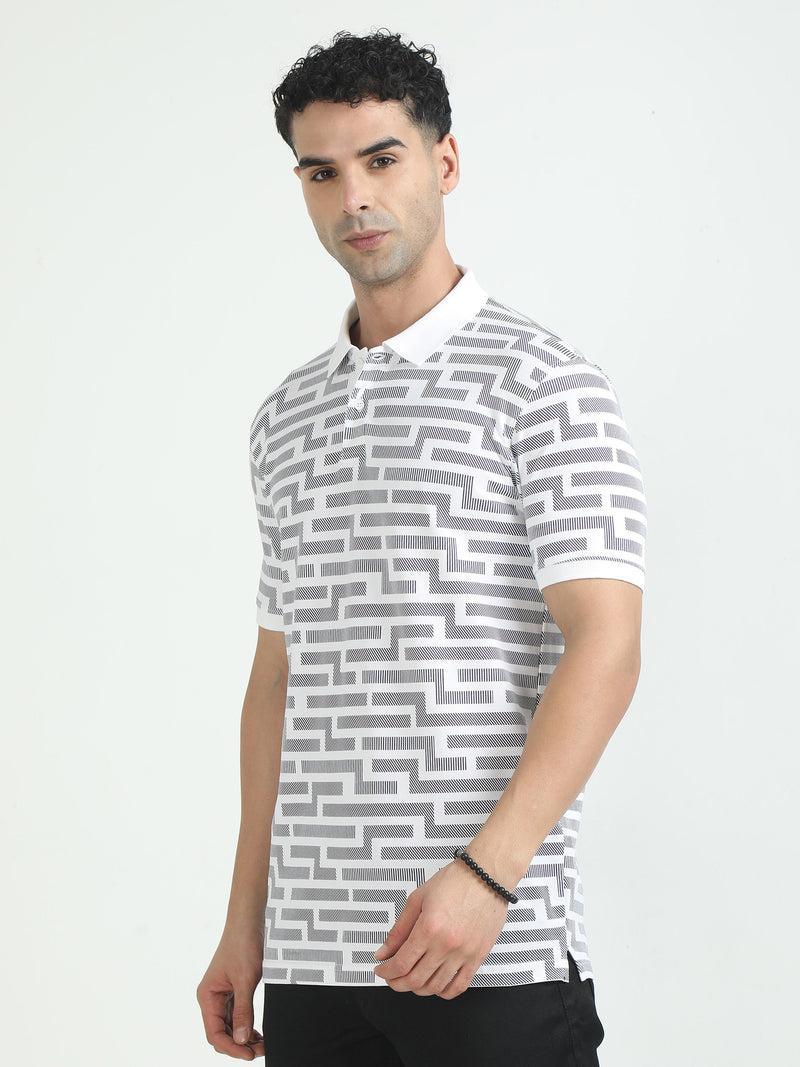 Men White Printed Regular Fit Half Sleeve Polo Neck T-Shirt