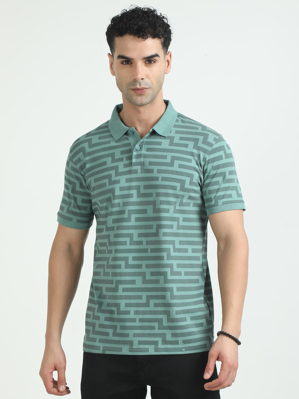 Men Green Printed Regular Fit Half Sleeve Polo Neck T-Shirt