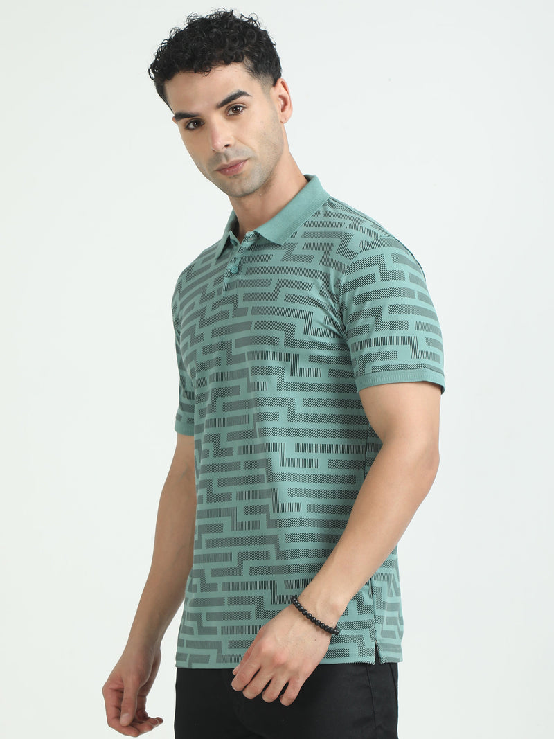 Men Green Printed Regular Fit Half Sleeve Polo Neck T-Shirt