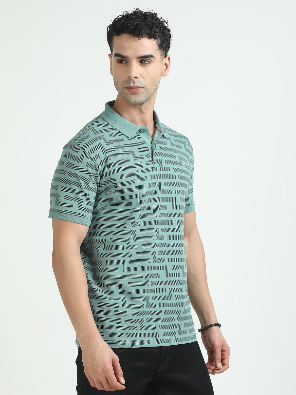 Men Green Printed Regular Fit Half Sleeve Polo Neck T-Shirt