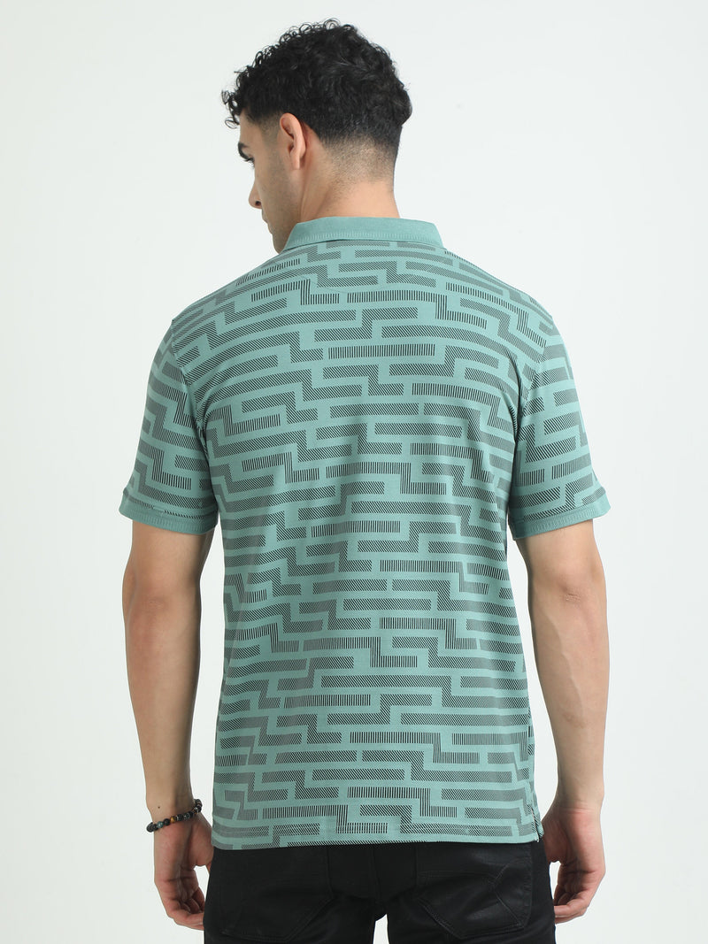 Men Green Printed Regular Fit Half Sleeve Polo Neck T-Shirt