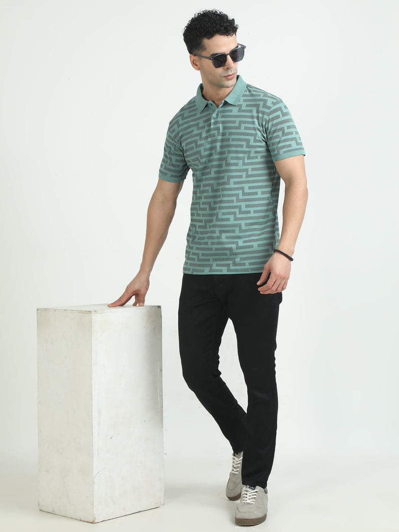 Men Green Printed Regular Fit Half Sleeve Polo Neck T-Shirt