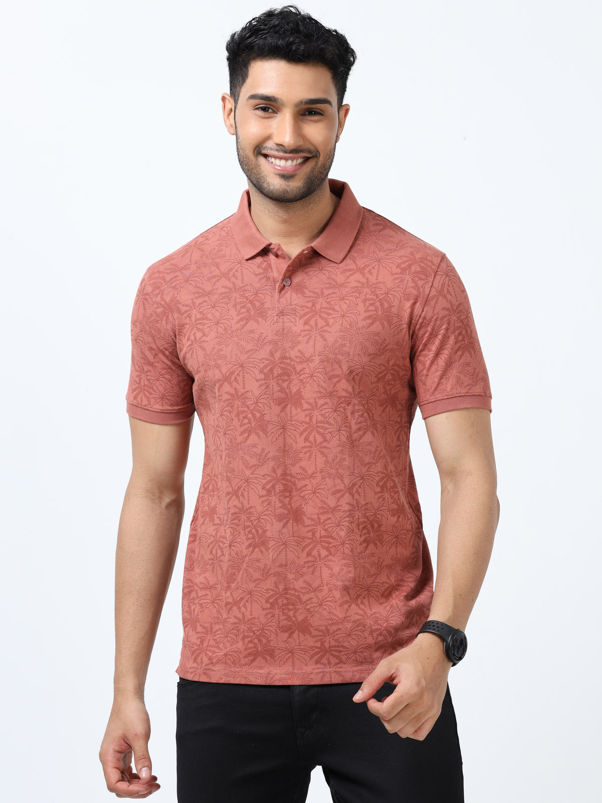 Men Rust Printed Regular Fit Half Sleeve Polo Neck T-Shirt