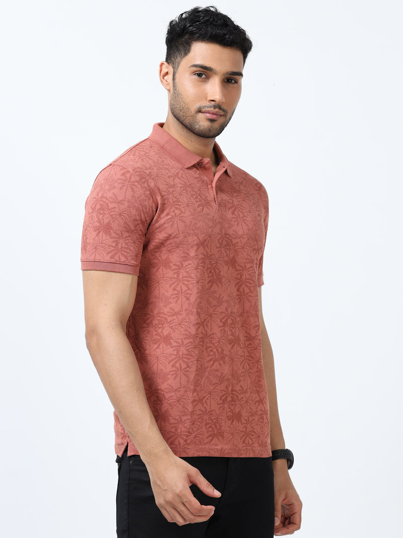 Men Rust Printed Regular Fit Half Sleeve Polo Neck T-Shirt