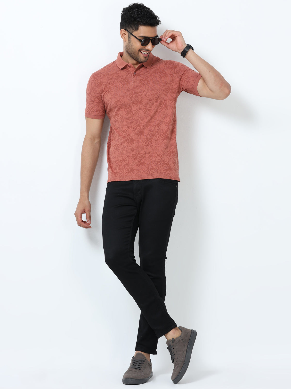 Men Rust Printed Regular Fit Half Sleeve Polo Neck T-Shirt