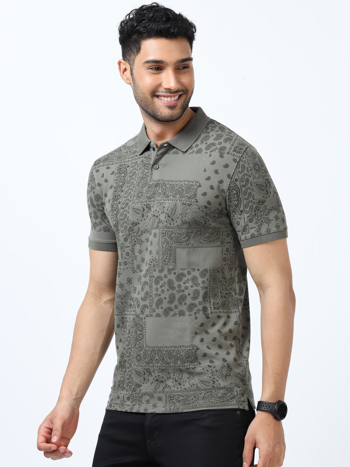 Men Olive Printed Regular Fit Half Sleeve Polo Neck T-Shirt