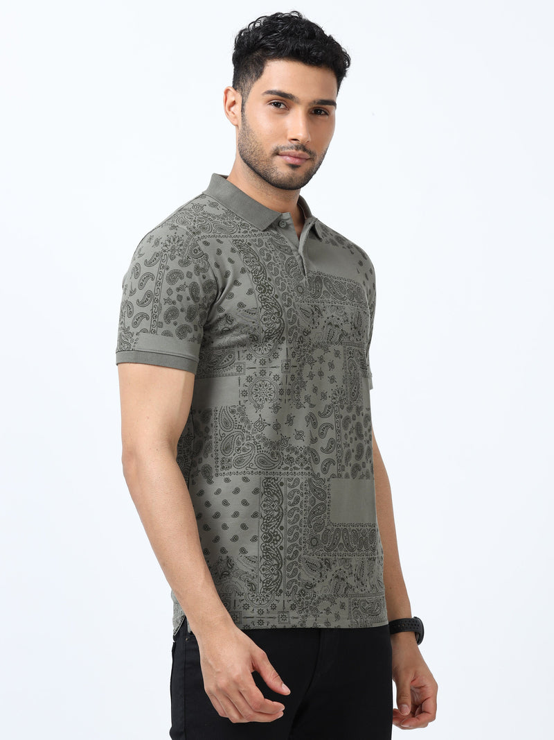 Men Olive Printed Regular Fit Half Sleeve Polo Neck T-Shirt