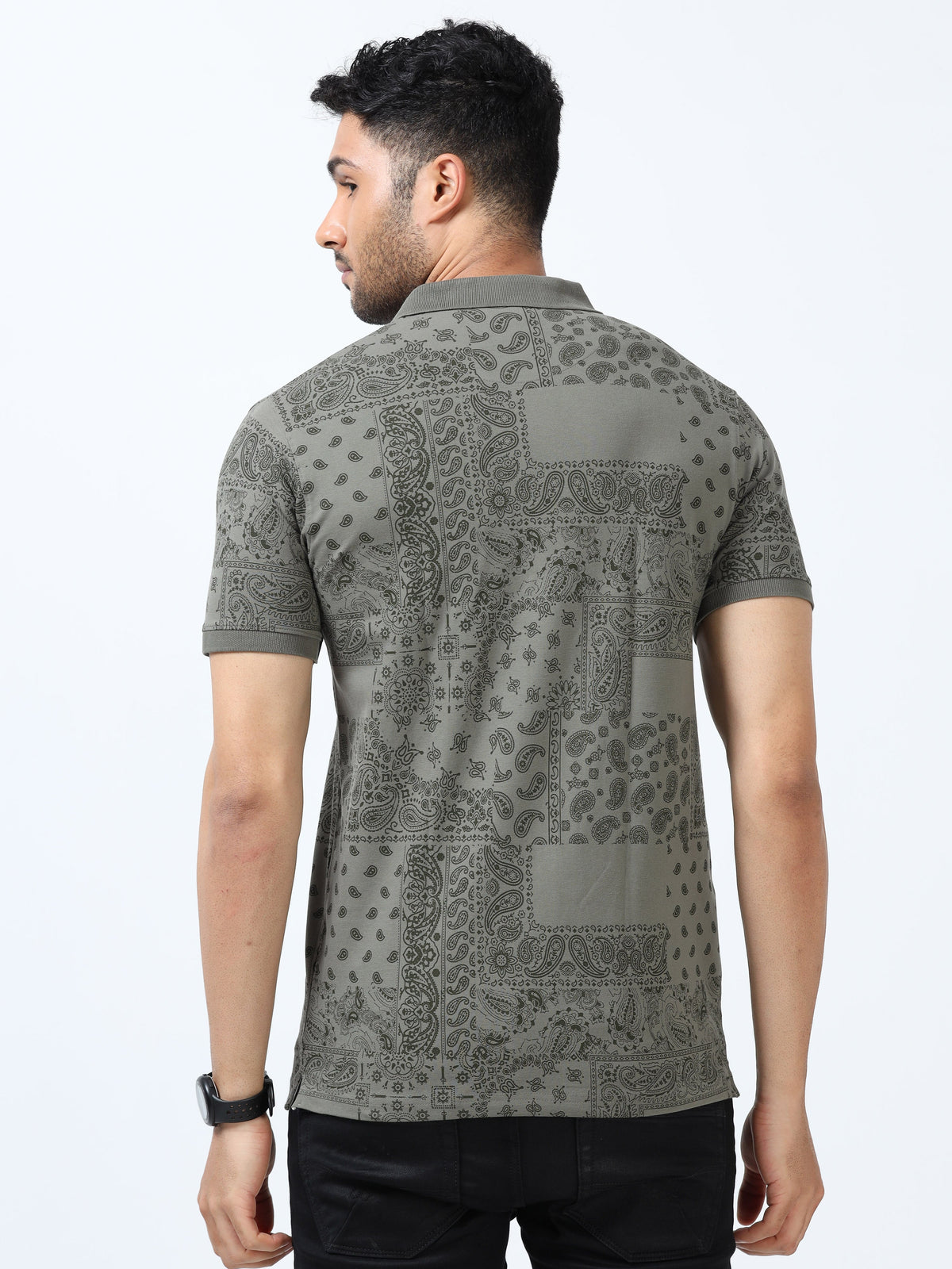 Men Olive Printed Regular Fit Half Sleeve Polo Neck T-Shirt