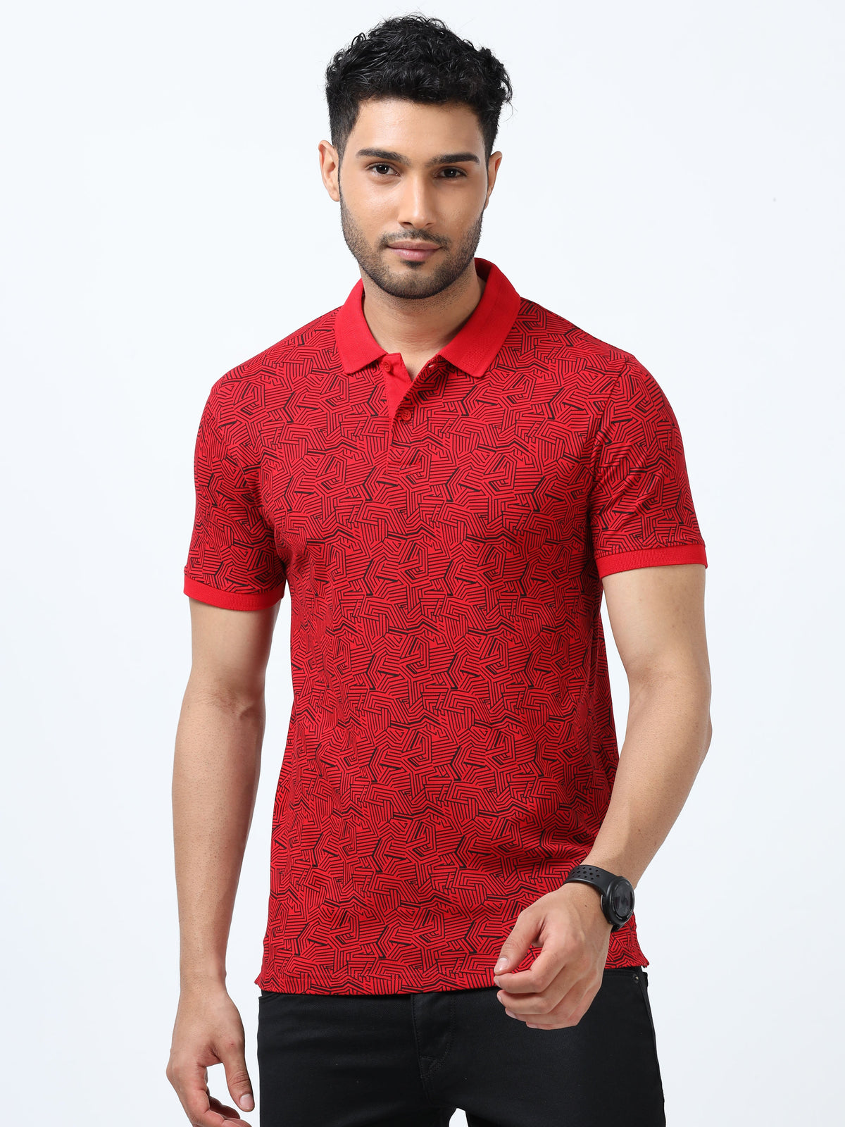 Men Red Printed Regular Fit Half Sleeve Polo Neck T-Shirt