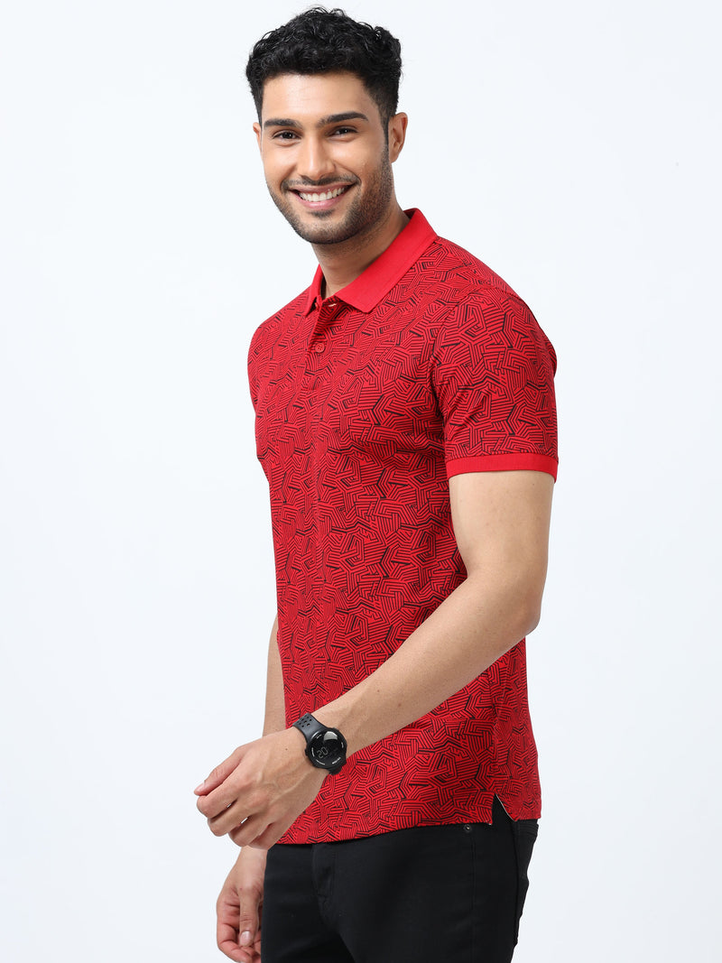 Men Red Printed Regular Fit Half Sleeve Polo Neck T-Shirt