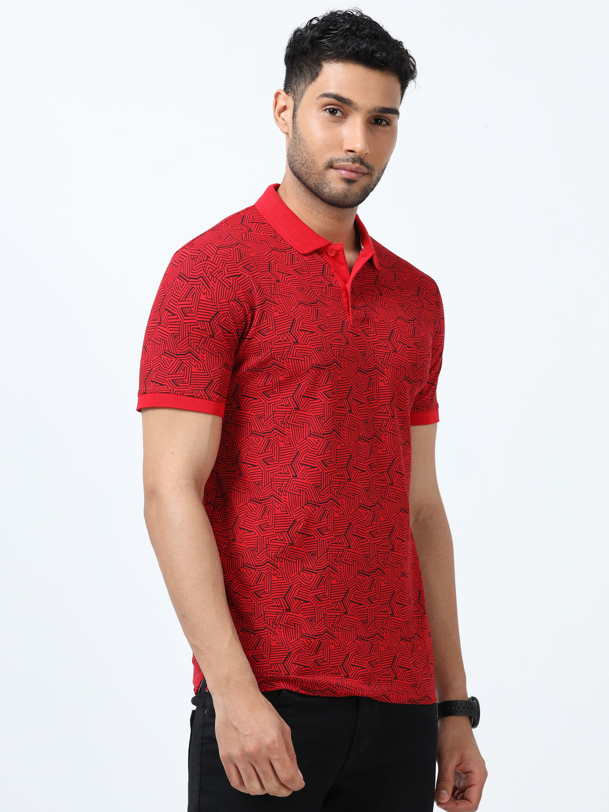 Men Red Printed Regular Fit Half Sleeve Polo Neck T-Shirt