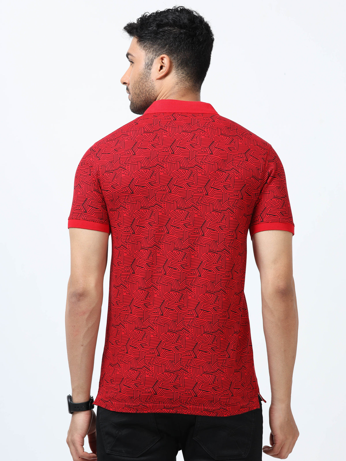 Men Red Printed Regular Fit Half Sleeve Polo Neck T-Shirt