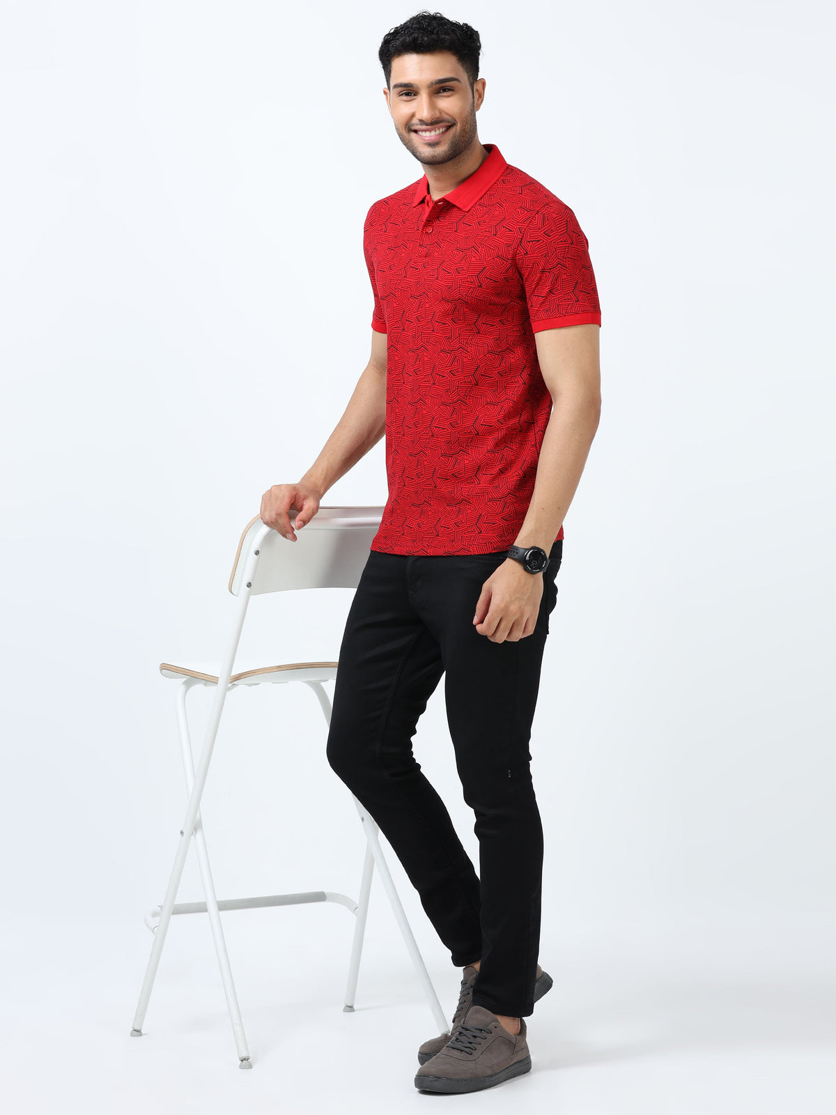 Men Red Printed Regular Fit Half Sleeve Polo Neck T-Shirt