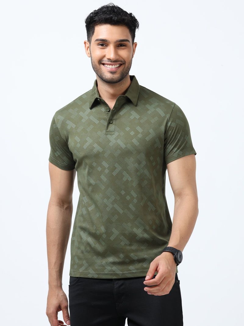 Men Green Printed Regular Fit Half Sleeve Polo Neck T-Shirt