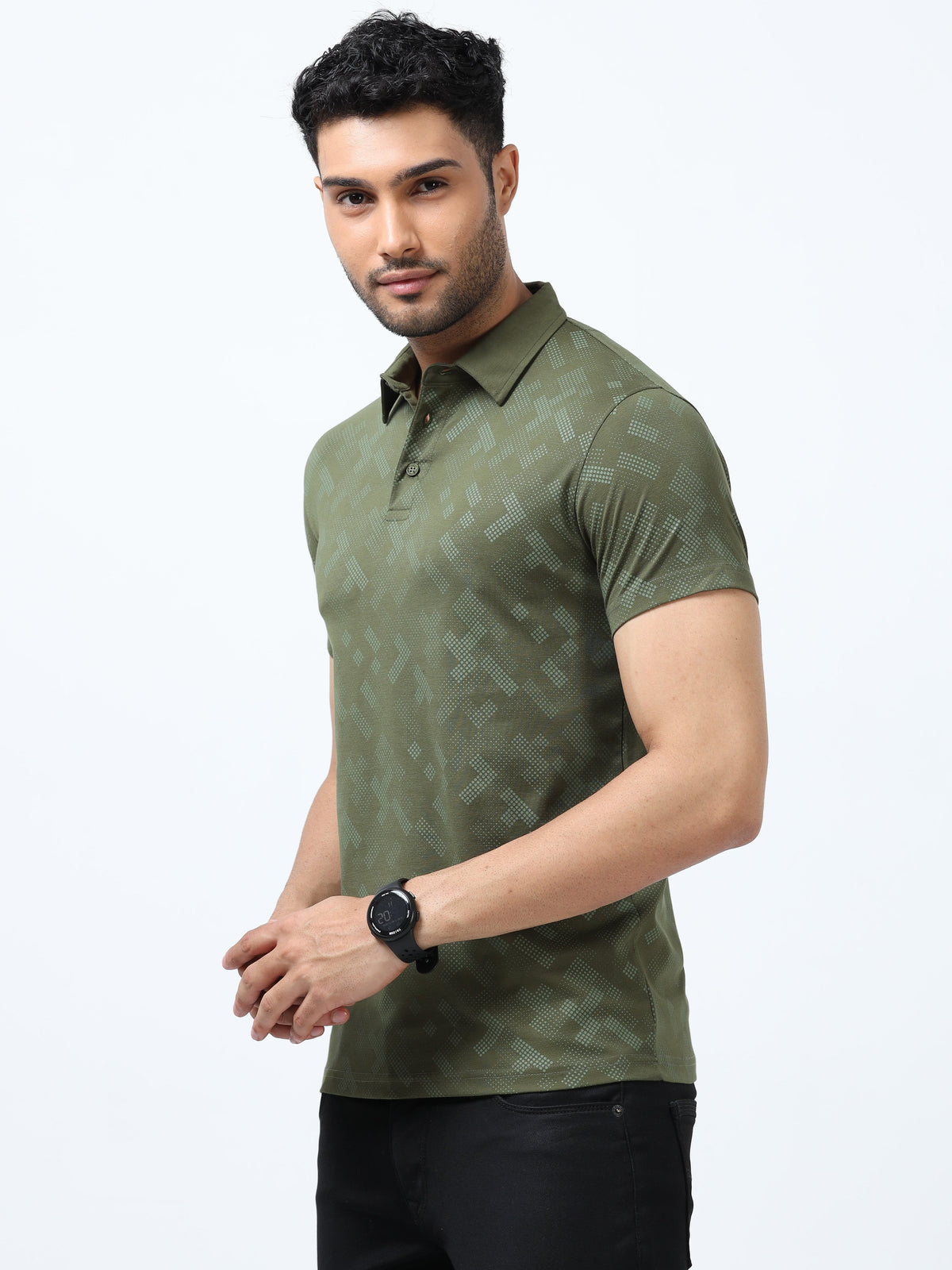 Men Green Printed Regular Fit Half Sleeve Polo Neck T-Shirt