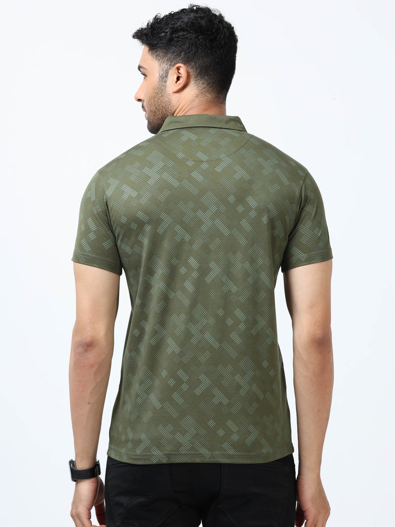 Men Green Printed Regular Fit Half Sleeve Polo Neck T-Shirt