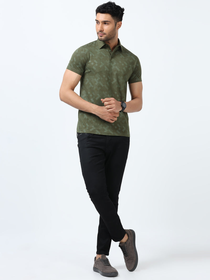 Men Green Printed Regular Fit Half Sleeve Polo Neck T-Shirt