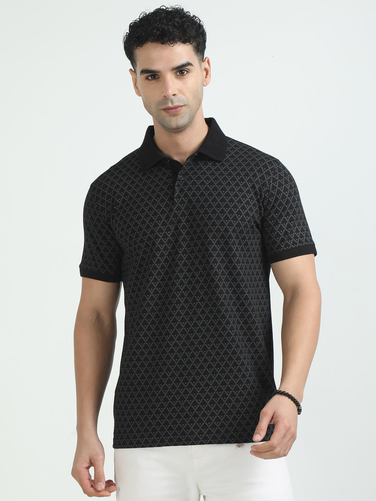 Men Black Printed Regular Fit Half Sleeve Polo Neck T-Shirt