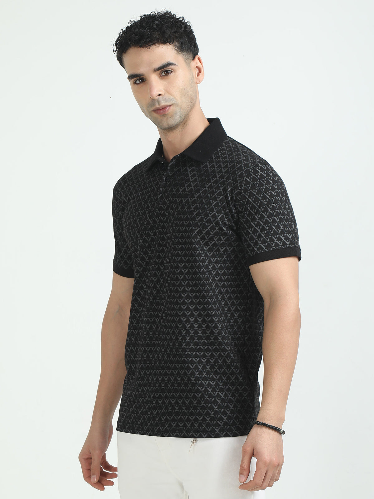 Men Black Printed Regular Fit Half Sleeve Polo Neck T-Shirt