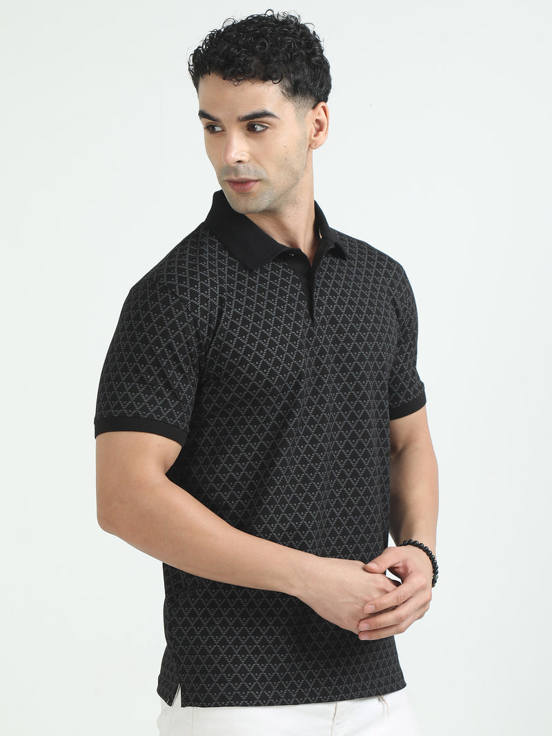 Men Black Printed Regular Fit Half Sleeve Polo Neck T-Shirt