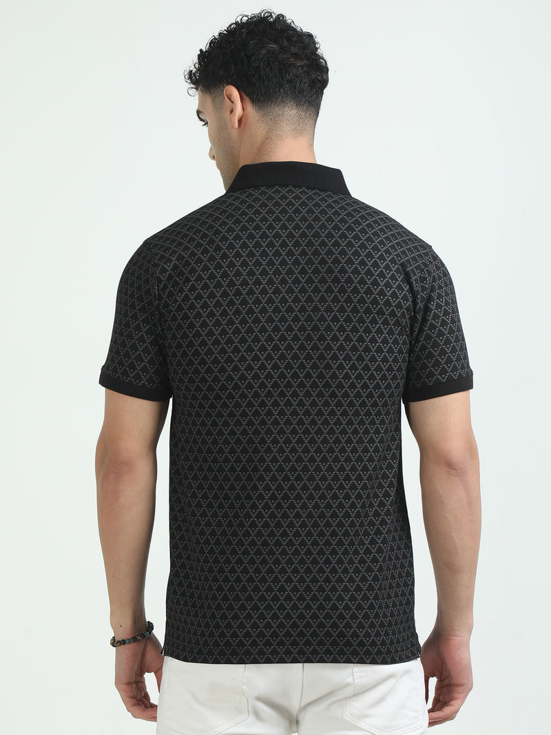 Men Black Printed Regular Fit Half Sleeve Polo Neck T-Shirt