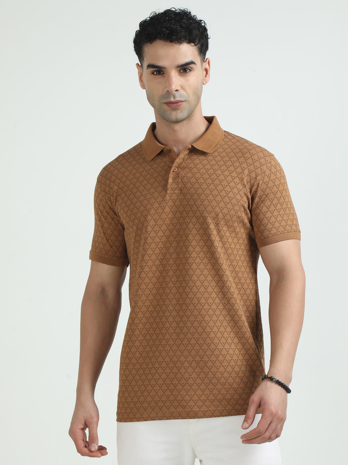 Men Khaki Printed Regular Fit Half Sleeve Polo Neck T-Shirt