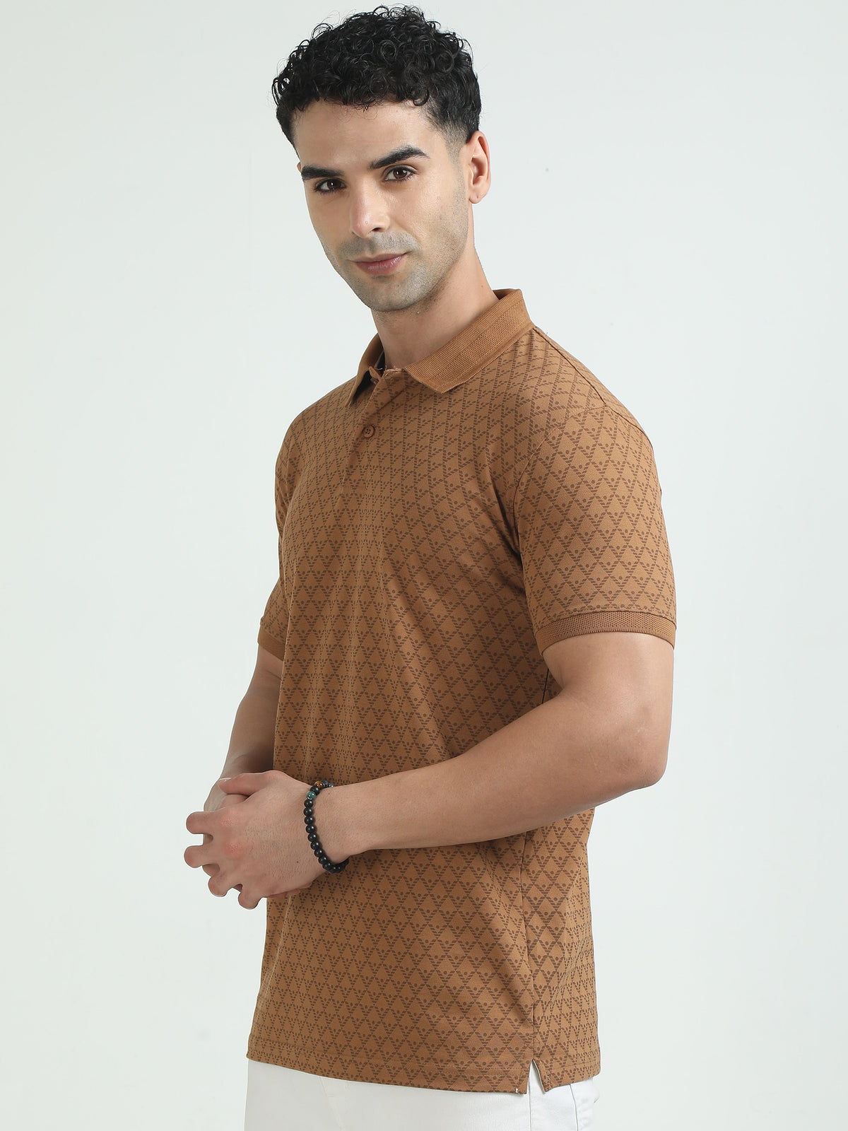 Men Khaki Printed Regular Fit Half Sleeve Polo Neck T-Shirt