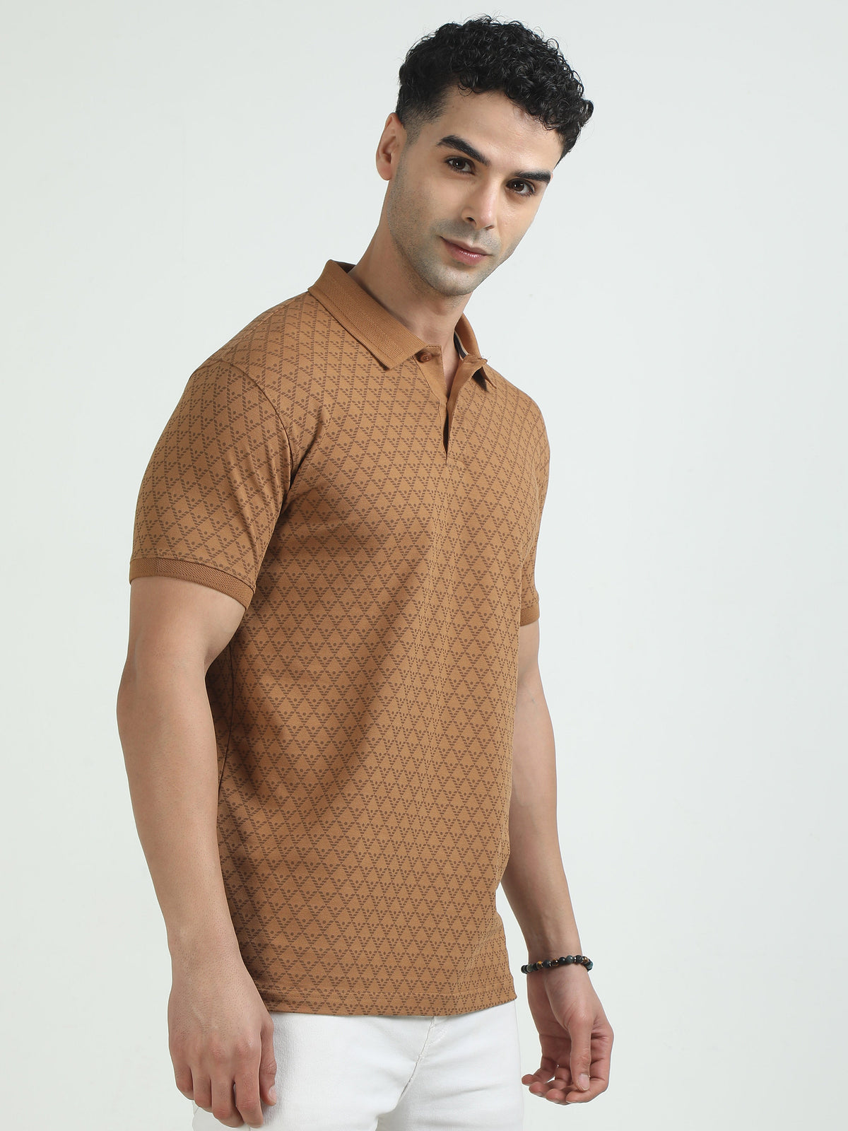 Men Khaki Printed Regular Fit Half Sleeve Polo Neck T-Shirt