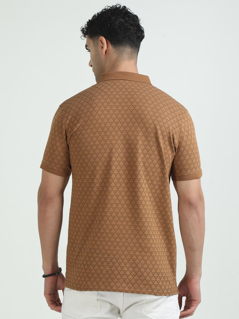 Men Khaki Printed Regular Fit Half Sleeve Polo Neck T-Shirt