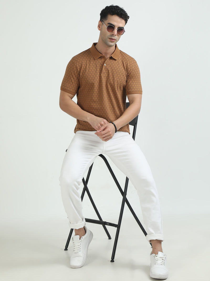 Men Khaki Printed Regular Fit Half Sleeve Polo Neck T-Shirt