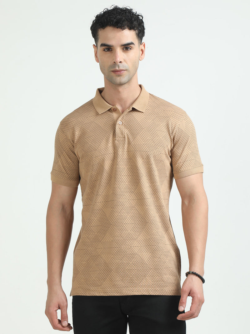 Men Khaki Printed Regular Fit Half Sleeve Polo Neck T-Shirt