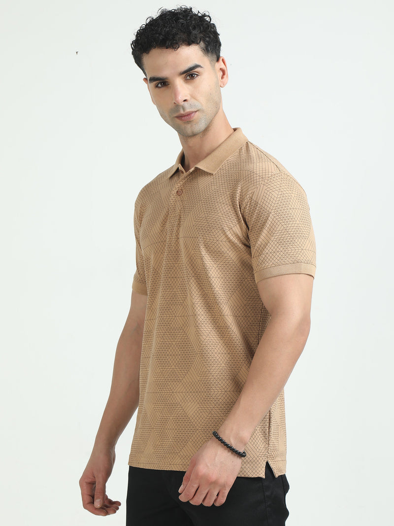 Men Khaki Printed Regular Fit Half Sleeve Polo Neck T-Shirt