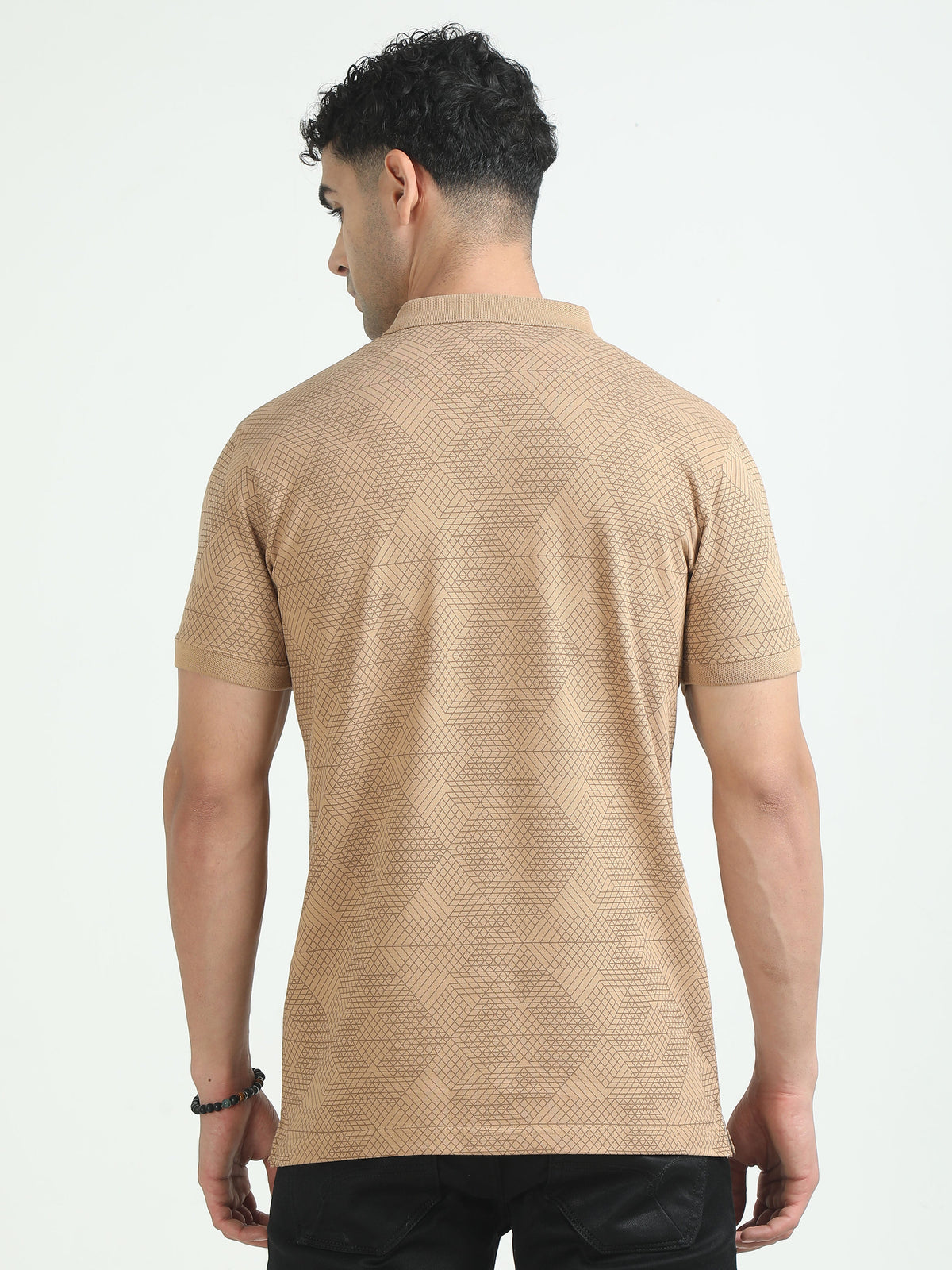 Men Khaki Printed Regular Fit Half Sleeve Polo Neck T-Shirt