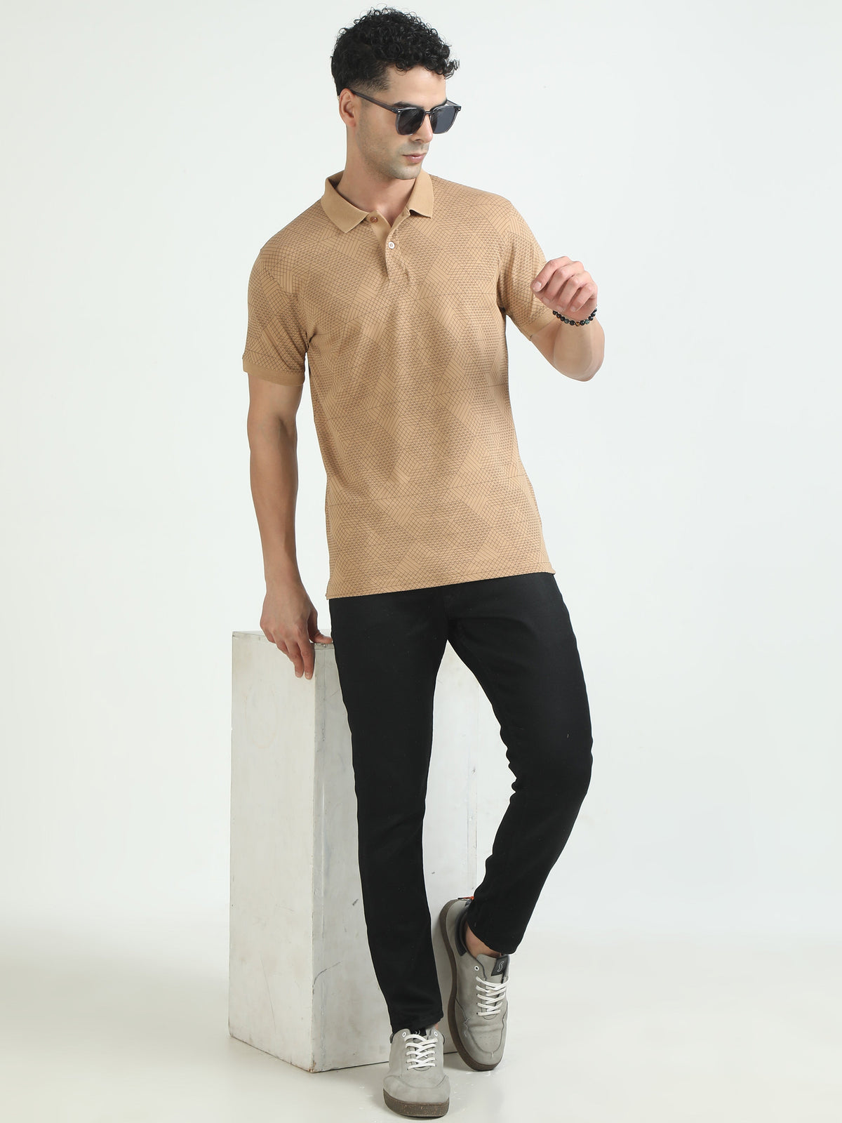 Men Khaki Printed Regular Fit Half Sleeve Polo Neck T-Shirt