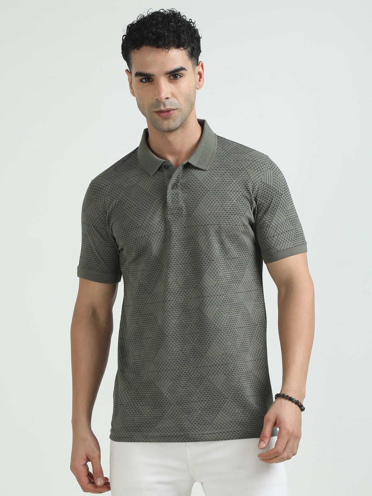 Men Olive Printed Regular Fit Half Sleeve Polo Neck T-Shirt