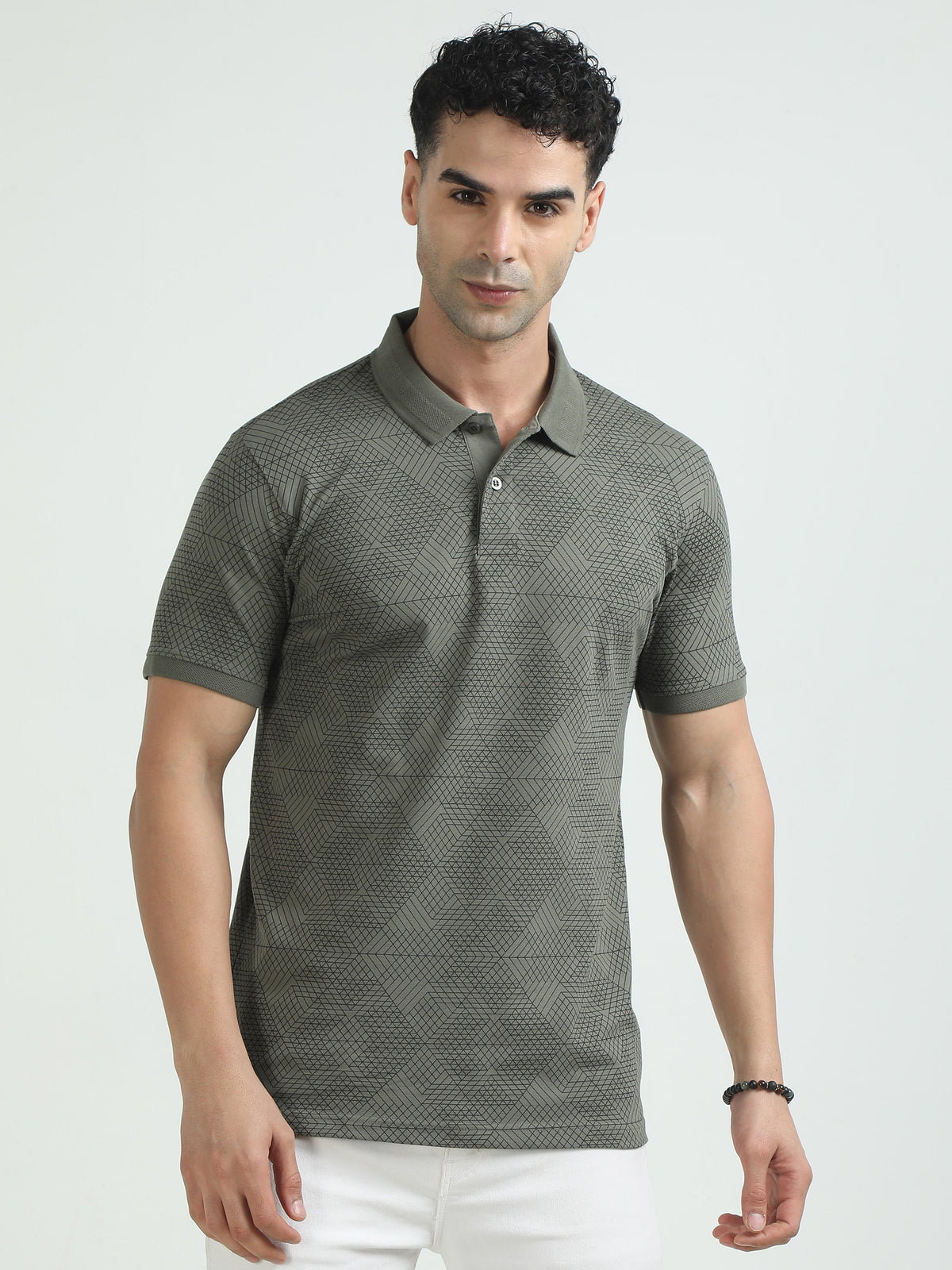 Men Olive Printed Regular Fit Half Sleeve Polo Neck T-Shirt